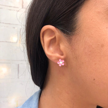 18K Gold Layered Oro Laminado Pink White Enamel Flower Design Plugs Kids Earrings Wholesale 21.0117/7